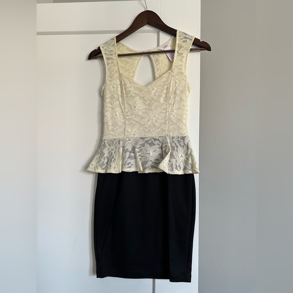 Candie's Lace Peplum Mini Dress - Cream and Black
